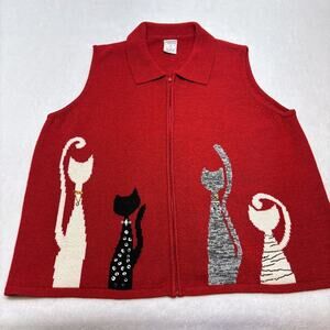Allison Daley Embellished Cats Knit Red Sweater Vest Womens Plus Size 3X